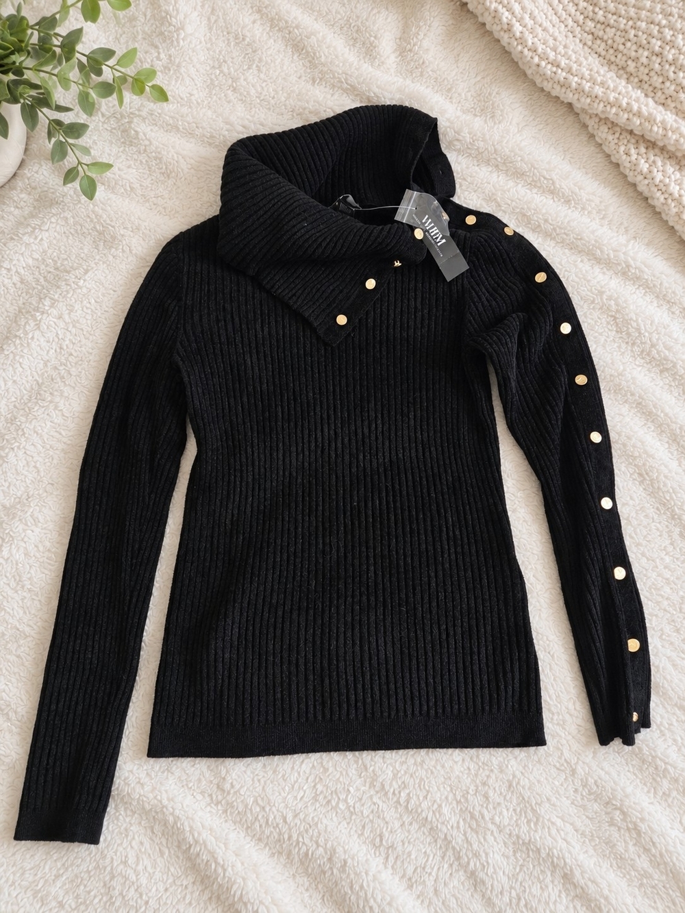 WHBM Black Ribbed Chenille Turtleneck Sweater Gold Button Detail - NWT- MEDIUM
